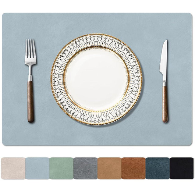 Enaskv Cowhide Pattern Placemats Set of 4, Faux Leather Place Mats Heat Resistant Non-Slip Waterproof Wipeable Kitchen Dining Reversible Table Mat for Indoor & Outdoor,Sky Blue