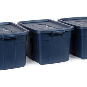 Rubbermaid Roughneck Tote 31 Gal, 3 Pack, Made in USA, Dark Indigo Metallic, Rugged Plastic Stackable Storage Bins with Lids and Handles