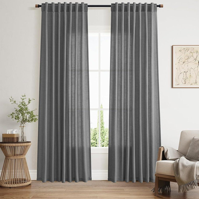 Nanspring Blazer Grey Curtain Linen Blend Light Filtering Back Tab Curtains 84 Inches Long, Semi Sheer Privacy Drapes for Living Room & Bedroom,Simple Style 52x84 inch, 2 Panels