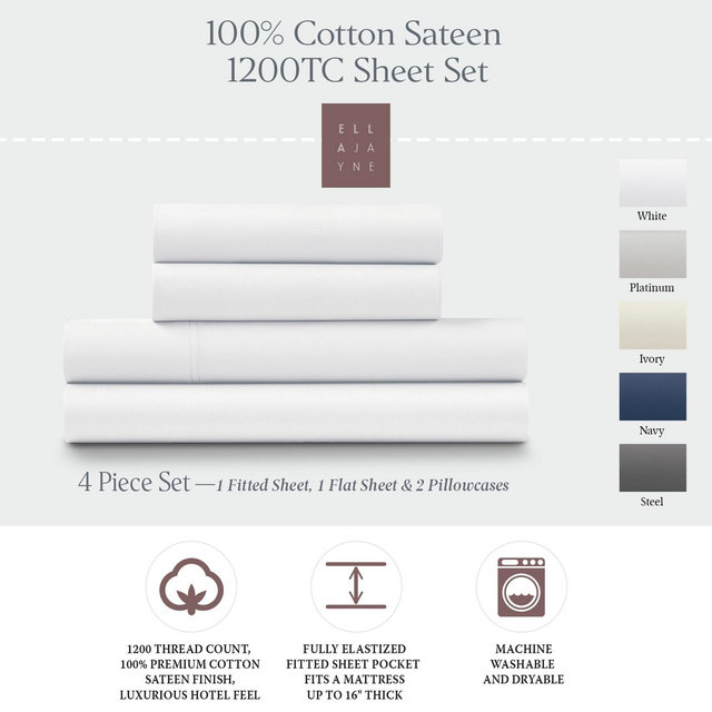 Ella Jayne 1200 Thread Count 100% Cotton Sateen Deep Pocket 4-piece Sheet Set - Queen, White, 4 pc
