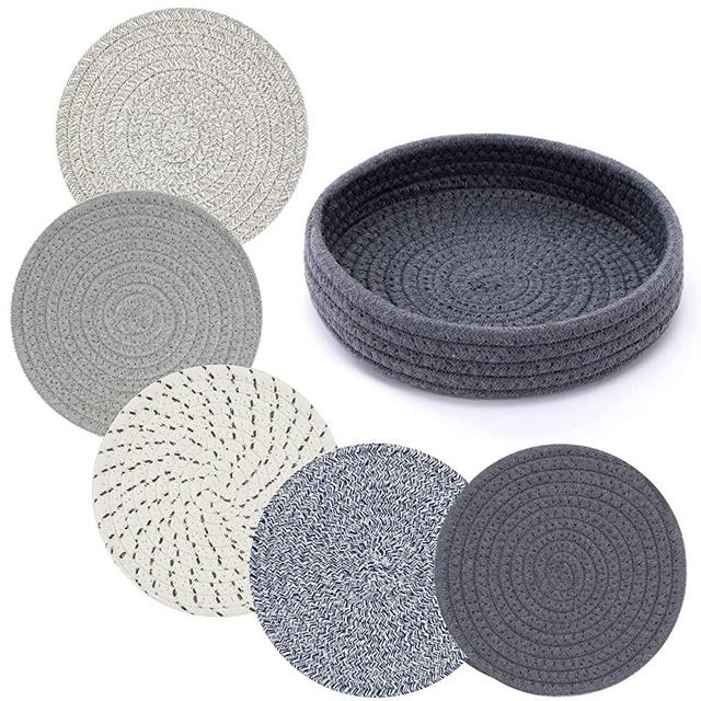 Pot Holders Trivets Set 5 Pcs and Kitchen Storage Basket 1 Pack, Cotton Trivet Mat 7 Inchs for Hot Pots and Pans, Potholders for Hot Dishes, Table Countertop Protector Hot Pads Heat Resistant