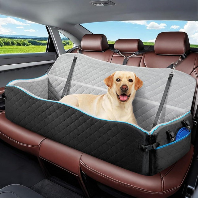 Tivray Large Dog Car Seat, Dog Car Bed for Large Dogs Under 120lbs, Pet Booster Seat with Thick Cushion and 2 Safety Leashes, Detachable & Washable Pet Bed for Backseat, Black & Gray