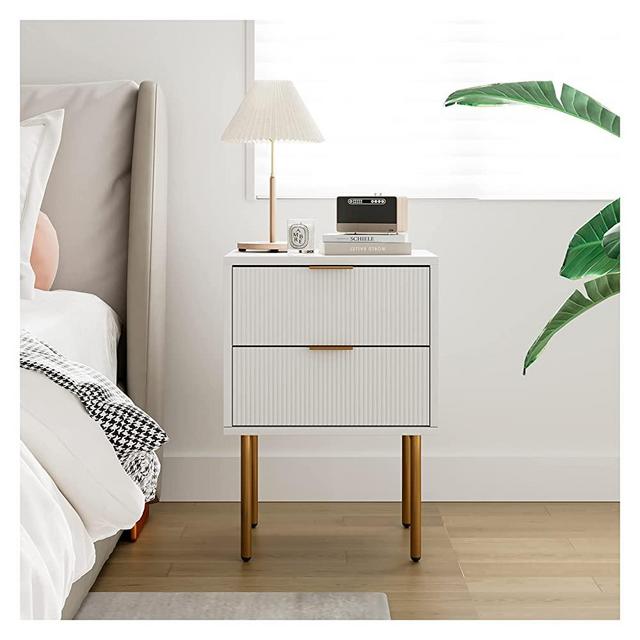 AEPOALUA Masupu Nightstand, 2 Drawer Dresser for Bedroom, Small Side Table with 2 Drawers, Bedside Furniture, Night Stand, End Table with Gold Frame for Bedroom,Living Room,White