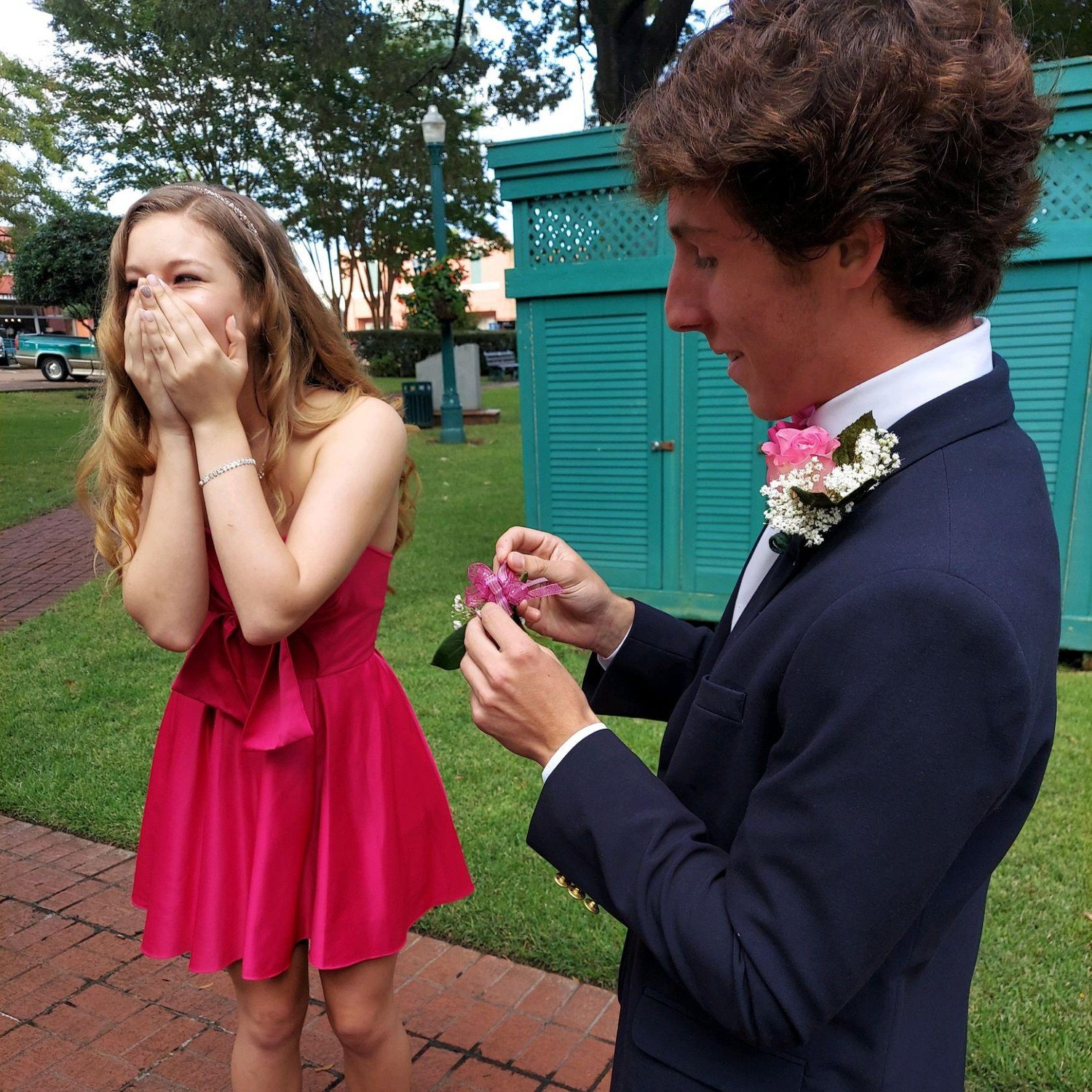 We go to homecoming together just a month after meeting, and decide then we want to date. And yeah, he got a boutonniere instead of a corsage.