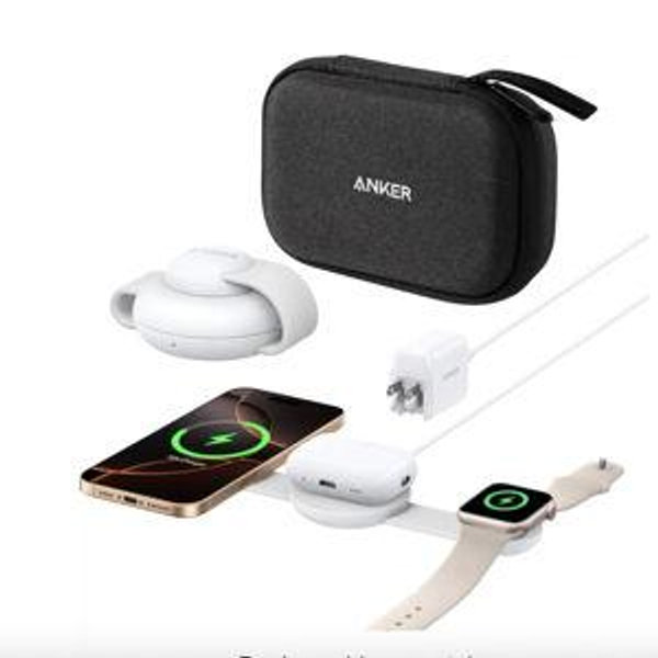 Anker - MagGo Wireless Charging Station (3-in-1, Foldable Pad with Travel Case Included) - White