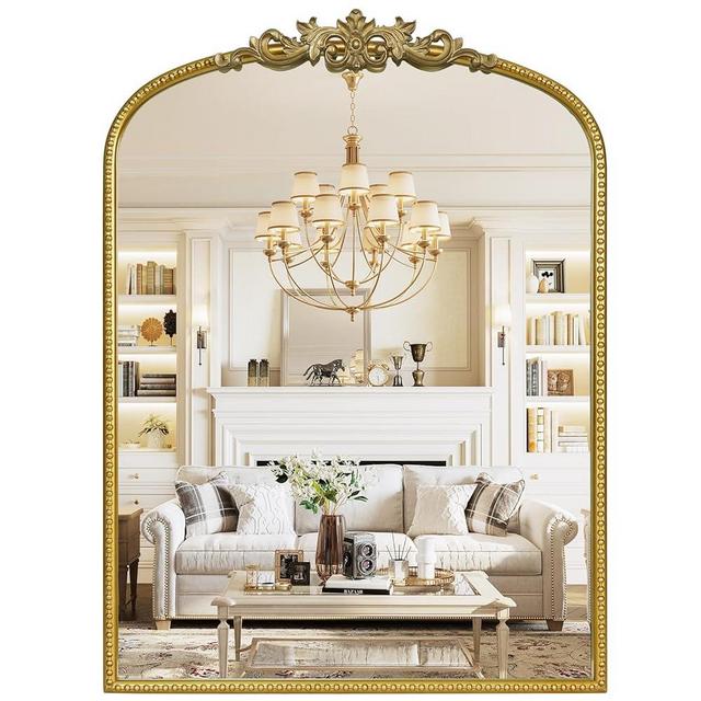 WallBeyond Gold Vintage Mirror for Vanity 22x30 Inch, Gold Antique Mirror with Ornate Frame, Arched Vintage Wall Mirror for Bathroom, Living Room, Fireplace, Entryway