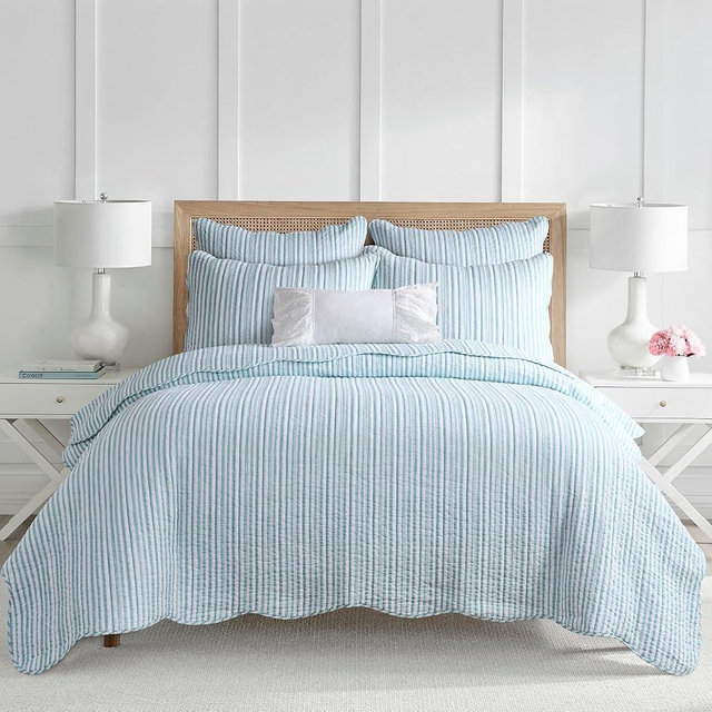 Levtex Home Martha Stripe Spa Reversible Full/Queen Quilt Set (88x92in) with 2 Pillow Shams (26x20in) - Stripe Bedding - Spa, White - Cotton Queen Size Quilt Bedding Set - Scalloped Edge