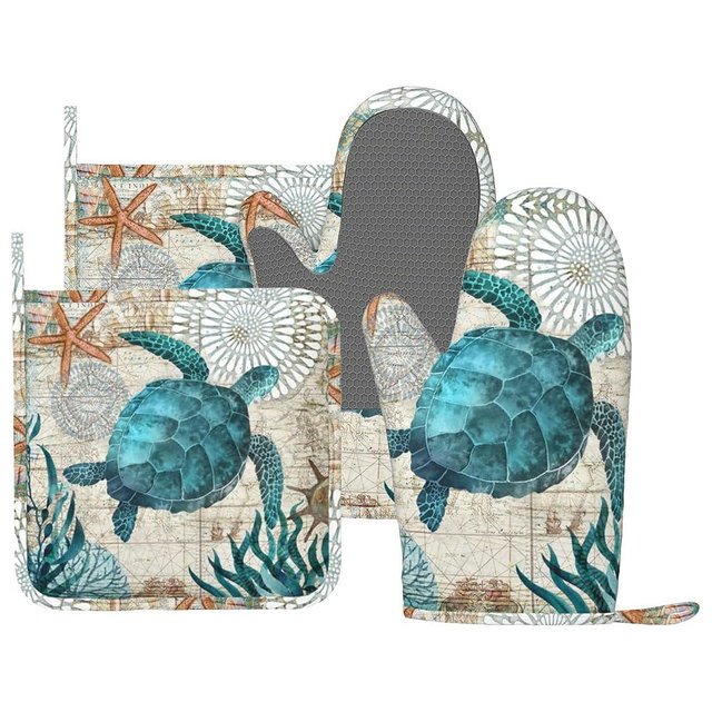 MIFSOIAVV Sea Turtle Ocean Animal Landscape Oven Mitts and Pot Holders Sets Silicone Sea Turtle Kitchen Mitts Potholders Heat Resistant 4Pcs Oven Gloves Hot Pads for Kitchen Grilling