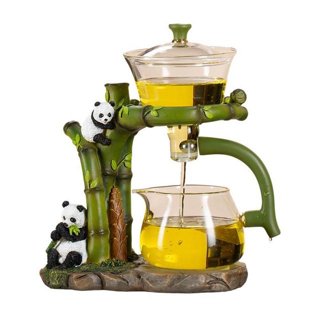 RORA Lazy Kungfu Glass Tea Set Semi Automatic Drip Rotating with Infuser Glass Teapot (Green Panda)