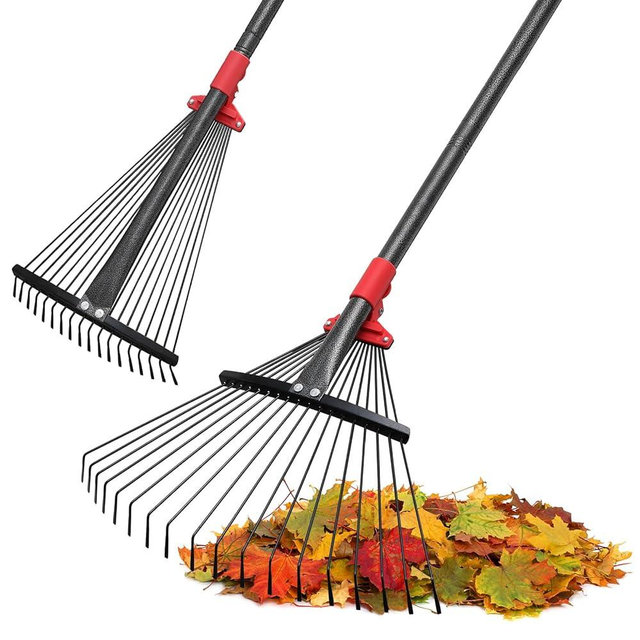 Rake, Adjustable Rake for Leaves with 9”-17” Rake Head, Rakes for Lawns Heavy Duty, 60 in Garden Rake with 18 Clog-Free Tines, Long Handle, Metal Rakes Tool for Gardening, Fast Cleanup Camping Rake