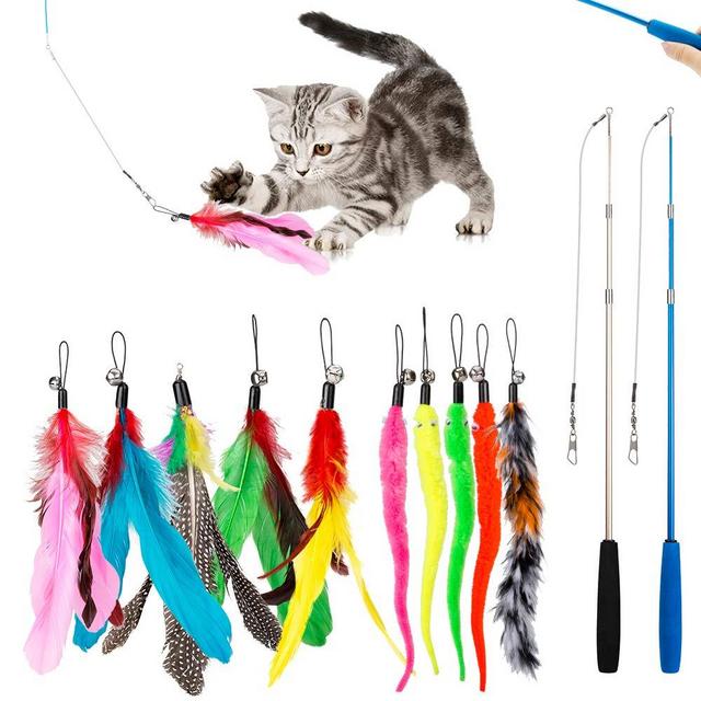 JIARON Feather Teaser Cat Toy, 2PCS Retractable Cat Wand Toys and 10PCS Replacement Teaser with Bell Refills, Interactive Catcher Teaser and Funny Exercise for Kitten or Cats.