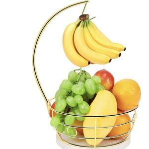 Livabber Countertop Fruit Basket Bowl with Banana Hanger, Modern Standing Fruit Vegetable Bowl Storage, with Banana Tree Holder for Kitchen Dinning Table (Round Marble, Gold)