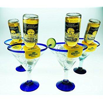 Mexican Glass Margarita Blue Rim 20 Oz with Coronarita Clips Corona Beer Holders (set of 4)