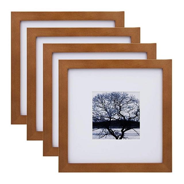 Egofine 8x8 Picture Frames 4 Pack, for Picture 4x4 with Mat or 8x8 whitout Mat Made of Solid Wood for Table Top Display and Wall Mounting Photo Frame, Light Brown
