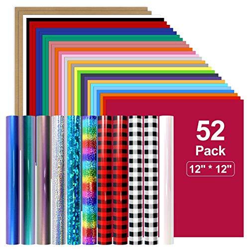 YRYM Heat Transfer Vinyl Bundle : 52 Pack 12" x 12" PU Iron on Vinyl, 32 Assorted Colors Iron on Vinyl with Christmas Buffalo Plaid HTV for Heat Press Design T-Shirts