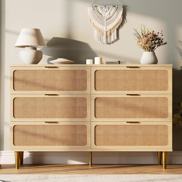 Rattan 6 Drawer Dresser for Bedroom, Large Double Dresser with Deep Drawers, Wooden Chest of Drawers for Closet with Wide Top, for Living Room, Hallway, Kids Room, Natural