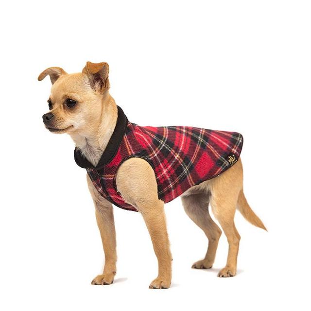 Gold Paw Duluth Double Fleece Dog Coat Pullover – Soft, Warm Dog Clothes, 4-Way Stretch Pet Sweater – Machine Washable, All-Season, Red Tartan/Black, Size 22