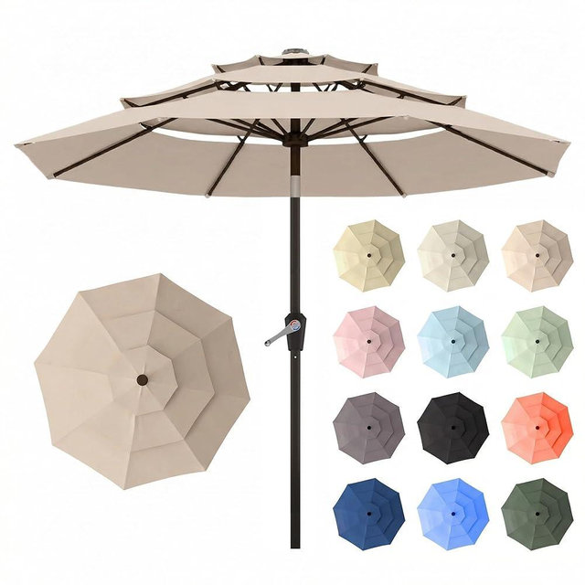 Patio Kingdom 10ft Patio Umbrella, 3 Tier Outdoor Market Table Umbrellas with 8 Fiberglass Ribs and Push Button Tilt, Windproof, Vented Canopy, UV Protection for Deck, Pool, Backyard