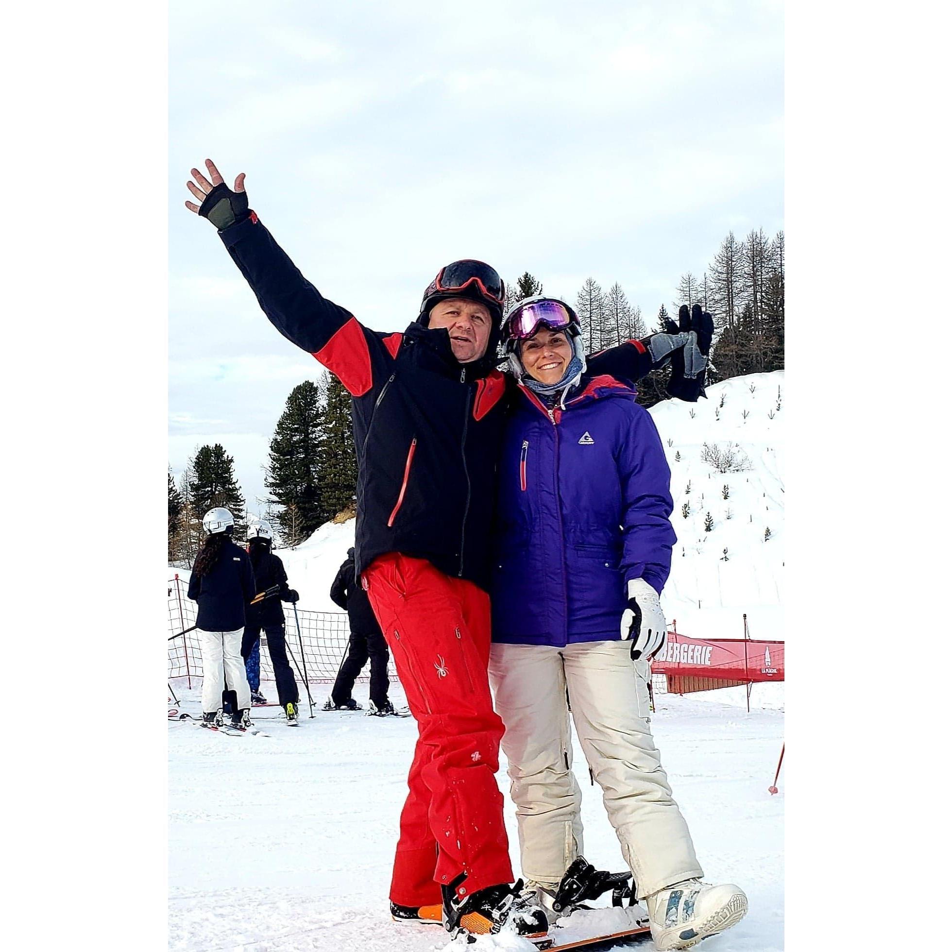 He learned to snowboard with me. Fun fact: I am still learning while Pasha is acing on the slopes ))