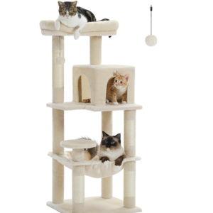 Cat Tree for Indoor Cats, 45.7" Multi-Level Cat Tower with Large Metal Frame Hammock, Cat Condo with 4 Scratching Posts and Top Perch for Small Medium Cat, Beige