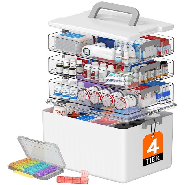 Lifewit 4-Tier Medicine Cabinet Organizer with Handle, Extra Tall for 7.1" Bottles, Portable Empty First Aid Storage, Sewing Tackle Tool Box, Travel Pill Case, Bathroom Under Sink Organization