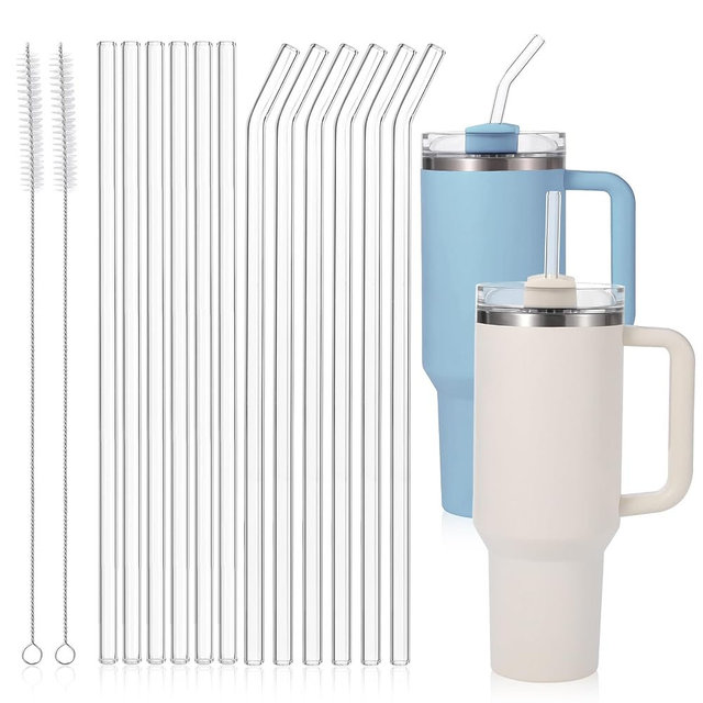 [12 Pcs] Replacement Glass Straws for Stanley - Compatible with Stanley 40 oz 30 oz Cup Tumbler,12" x 10mm Reusable Clear Glass Straw with 2 Cleaning Brush for Cup Accessories