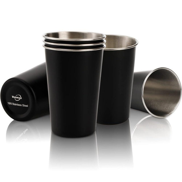 Tosnail 6 Pack 16 oz Stainless Steel Pint Cups Metal Cups Unbreakable Drinking Glasses Water Tumblers for Kids, Adults Indoor and Outdoor Use - Black