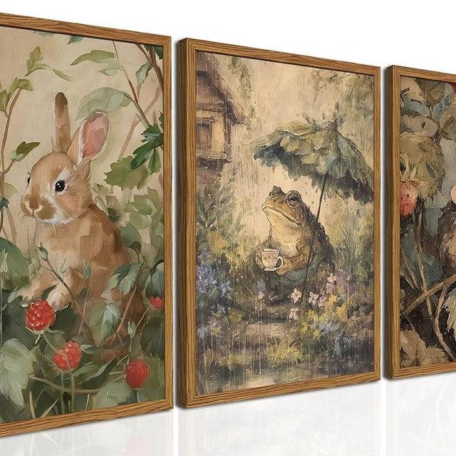 Framed Vintage Cottagecore Wall Art Set of 3, Cute Rabbit Frog Mouse Pictures Wall Decor, Rustic Animal Botanical Paintings Canvas Prints for Nursery Living Room Bedroom Farmhouse Home 16x24 inch