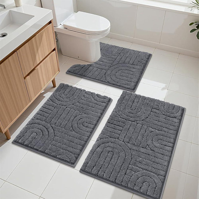 Vaukki Bathroom Rugs Sets 3 Piece, Grey Washable Non Slip Soft Bath Mats for Shower and Tub, Plush Absorbent Microfiber Toilet Rug U Shaped, 32x20+26x18+24x20 Inch