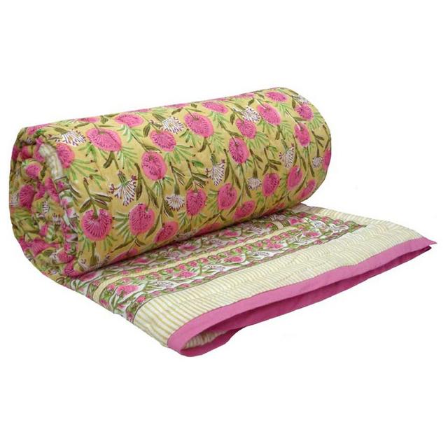 Hand Block Printed Cotton Queen Size Quilt | Desert Blossom Pink 105798