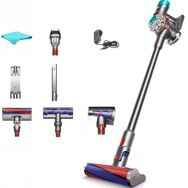 Dyson V8 Absolute Cordless Vacuum Cleaner, HEPA Filter, Rotating Brushes, Bagless, Battery Operated, Up to 40 Min Runtime, Silver, with 5AVE Microfiber Cloth
