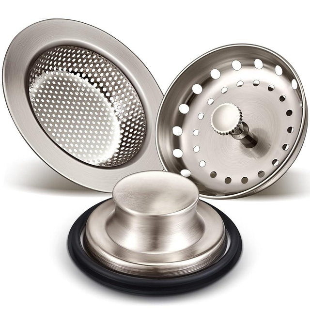 Mudder 3 Pcs Kitchen Sink Drain Strainer and Stopper Stainless Steel Garbage Disposal Plug with Handle Universal Anti-Clogging Kitchen Sink Filter Sieve Basket Strainer(Brushed Silver)