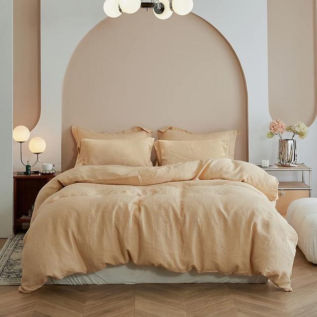 Simple&Opulence 100% Washed Linen Duvet Cover Set 5pcs(1 Duvet Cover& 2 Shams& 2 Pillowcases) Basic Style Natural French Flax Soft Breathable Farmhouse Bedding (King, Sand)