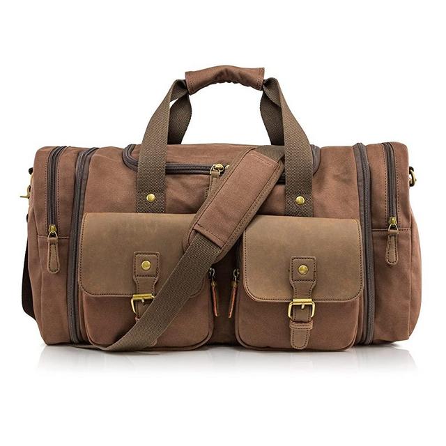 Gearonic Large Weekender Expanding Canvas Bag Travel Duffle for Women Men Overnight Carry On Tote and Luggage Sleeve- Coffee