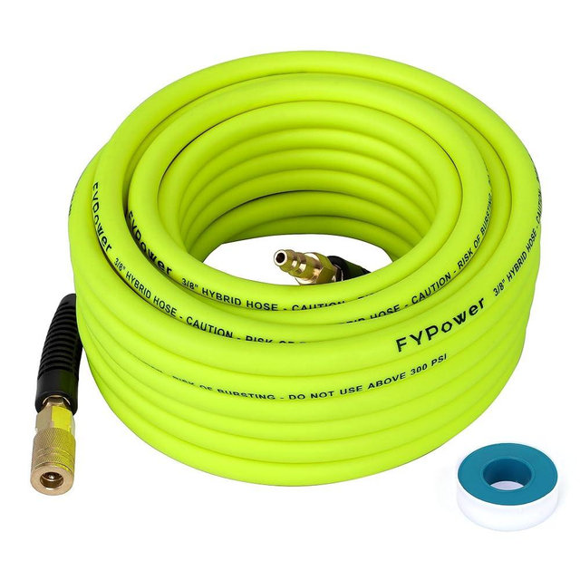FYPower Air Compressor Hose 3/8 Inch x 50 Feet Hybrid Hose with Fittings, Flexible and Kink Resistant, 1/4" Industrial Quick Coupler and Plug Kit - Green