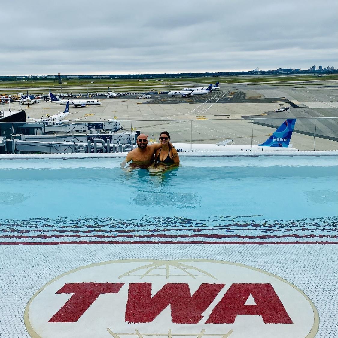 Watching the planes take off at JFK from the heated rooftop pool at the TWA hotel.