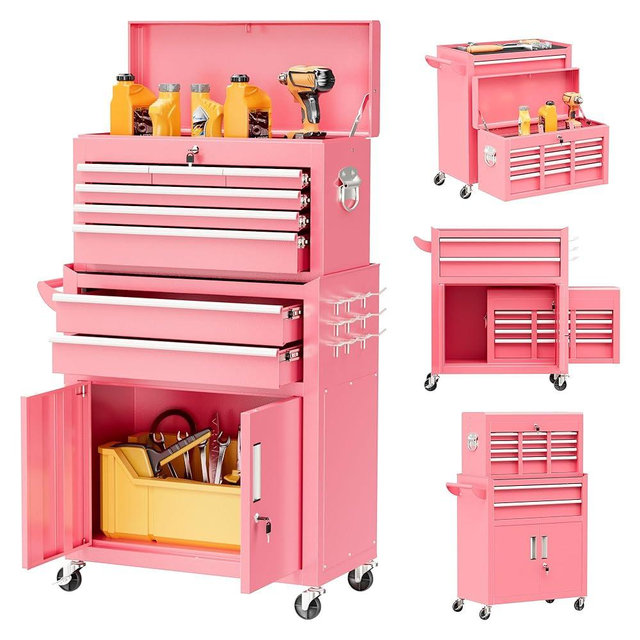 Superday Metal Tool Chest, 8 Drawer Rolling Tool Chest with Wheels, Detachable Tool Storage Cabinet with Lock for Garage, Steel Tool Cart with Liner & Hooks for Workshop, Warehouse (Pink)