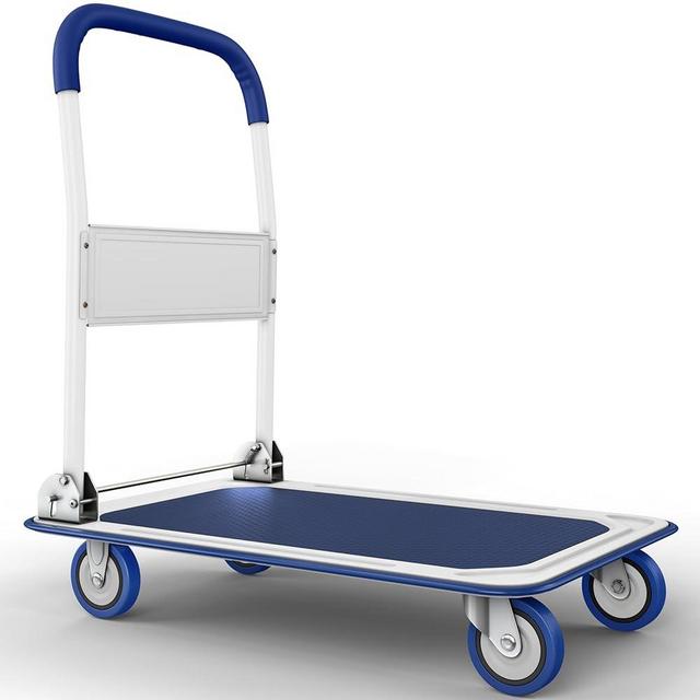 Upgraded Foldable Push Cart Dolly | 660 lbs. Capacity Moving Platform Hand Truck | Heavy Duty Space Saving Collapsible | Swivel Push Handle Flat Bed Wagon - Blue