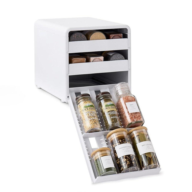 YouCopia SpiceStack,18-Bottle Adjustable Spice Rack Organizer, Pull-Out Seasoning Holder for Kitchen Cabinet and Pantry Storage with 104 Labels and Adjustable Dividers, Speckled White