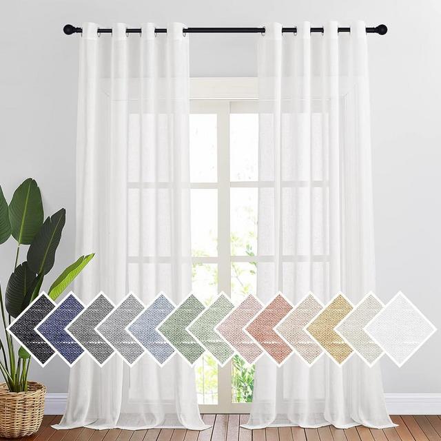 NICETOWN Sheer Linen Curtains for Living Room 96" L, Ring Top Semi Sheer Panels Privacy Semitransparent Flax Open Linen Weave Sheer Drapes for Bedroom/Nursery, W52 x L96, White, 1 Pair