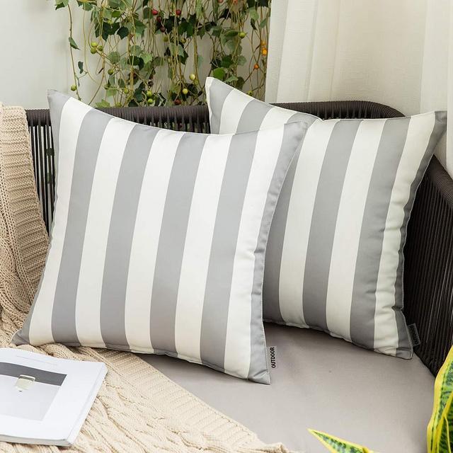 MIULEE Pack of 2 Decorative Outdoor Waterproof Throw Pillow Covers Stripe Lumbar Pillowcases Modern Cushion Cases for Patio Couch Bench 18 x 18 Inch Grey and White