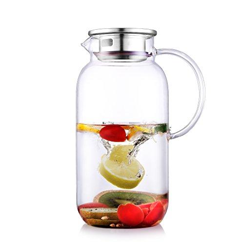 GOODESERVE 2.5 Liter Large Capacity Water Carafe Glass Pitcher with Stainless Steel Lid, Borosilicate Jug with Handle for Hot/Cold Water, Coffee, Ice Tea, Juice Beverage STOVE-TOP Safe GD0023 (2500ml)