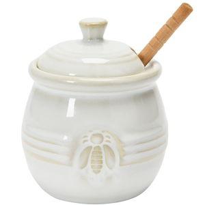 Creative Co-Op Farmhouse Embossed Stoneware Honey Pot with Wood Honey Dipper, White