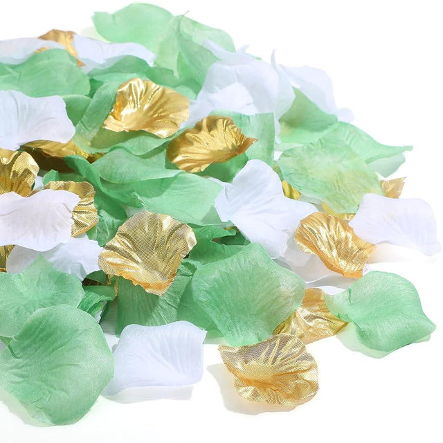 Syhood 1,600 Pcs Artificial Fake Rose Flower Petals Decoration Flower Centerpieces for Valentines Day Tables Weddings Graduation Party Decor Supplies(Gold, White, Green)