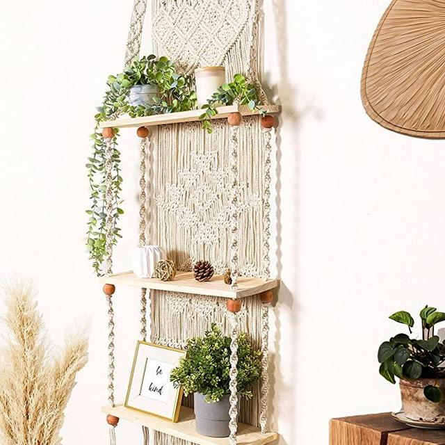 Tier 3 Macrame Wall Hanging Shelf Rack for Hanging Wall Decor Boho Shelf Wall Decor Plant Shelf, Boho White Hanging Shelf Woven Rope for Bedroom, Bookshelf