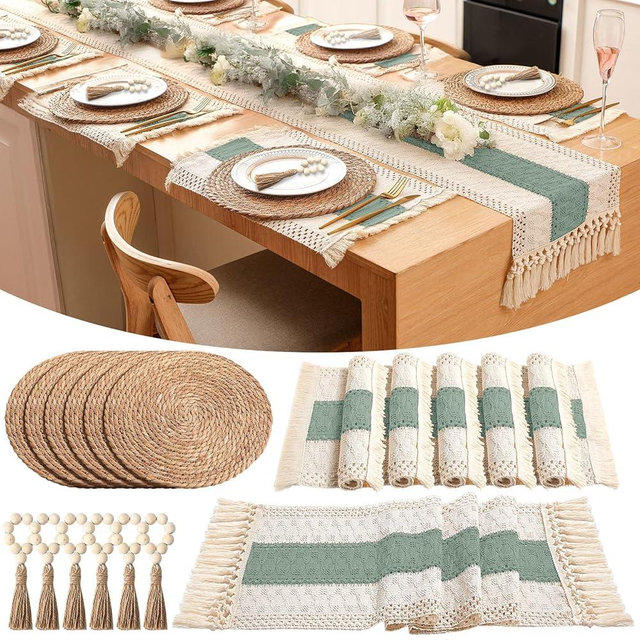 Gandeer Set of 6 Table Runner and Placemats Boho Napkin Rings, Farmhouse Macrame Table Runner Rustic Round Woven Decorative Place Mats for Bohemian Kitchen Dining Tables Decor (Green)