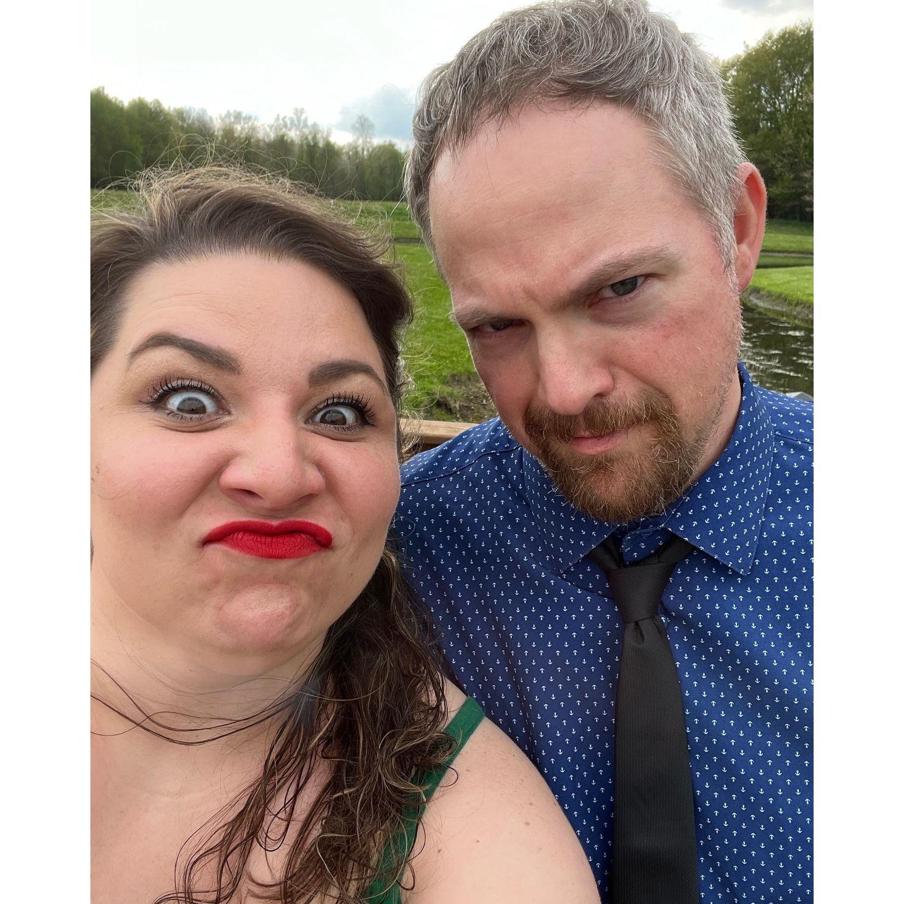 Goofing off together at a summer wedding - the last one before our own!