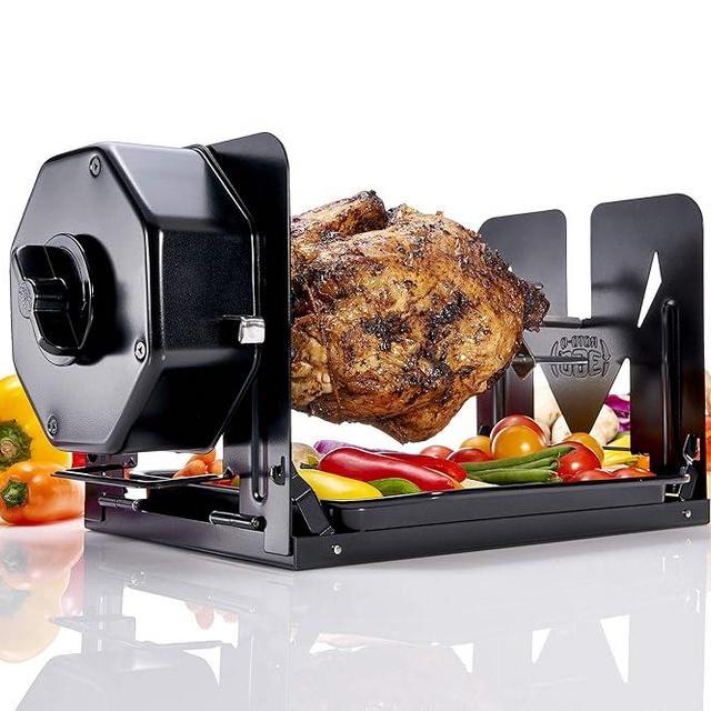 ROTO-Q 360 Cordless Rotisserie Kit for Grills, Ovens, Smokers - Non-Electric Spit Roaster - Gas or Charcoal BBQ - Kamado Joe Green Egg Kettle - Indoor Outdoor Cooking (Black)