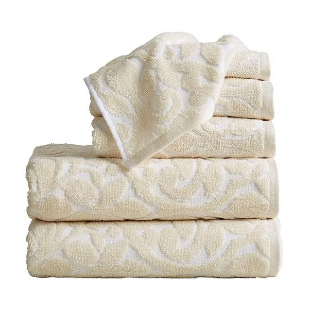 Great Bay Home 100% Cotton Jacquard Bathroom Towels. Absorbent Quick-Dry Plush Bath Towels. Cassie Collection (6 Piece Set, White / Tan)