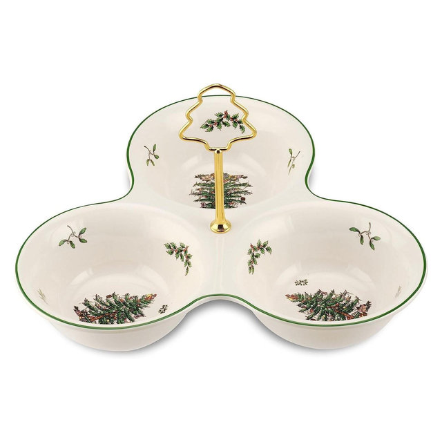 Spode Christmas Tree 3 Section Server with Tree Handle, 3 Section Divided Serving Tray for Nuts, Candies, Condiments and Holiday Treats
